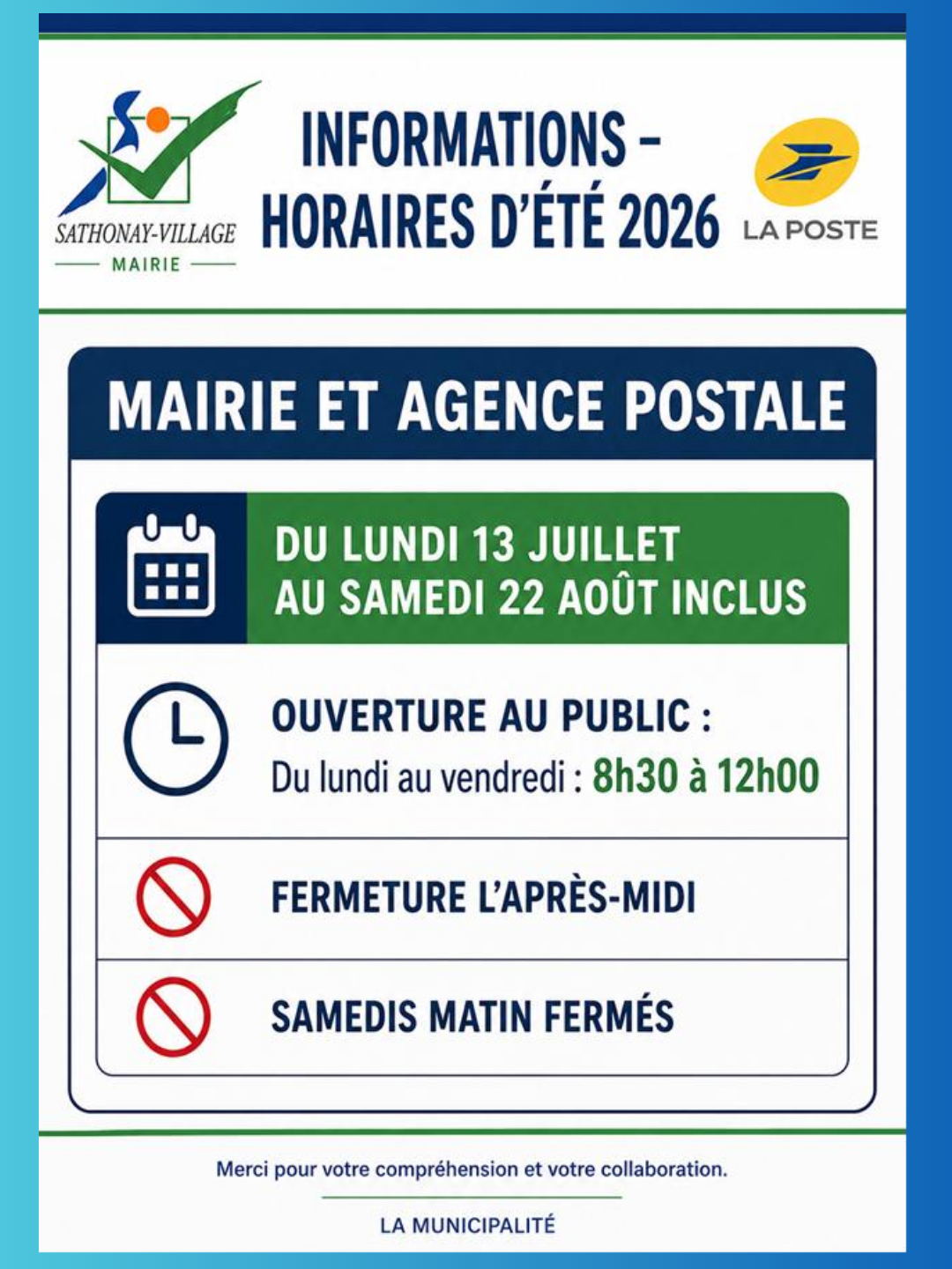 Horaires Mairie et Agence postale, été 2026 à Sathonay-Village.