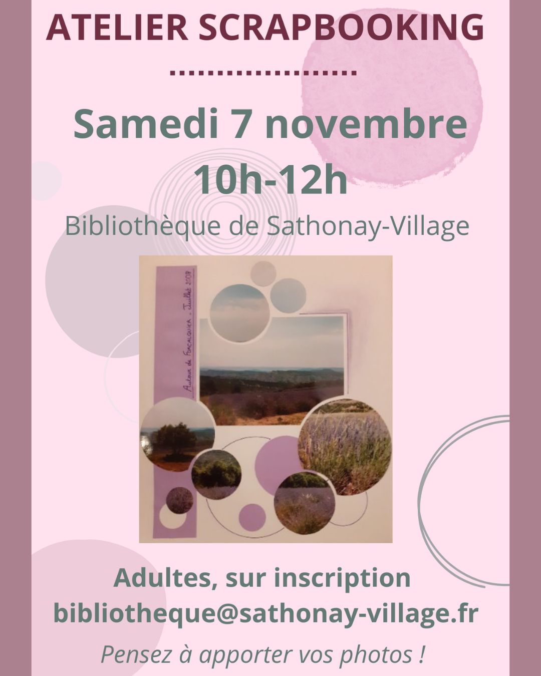 Atelier Scrapbooking organisé par la bibliothèque de Sathonay-Village, samedi 7 novembre 2026.